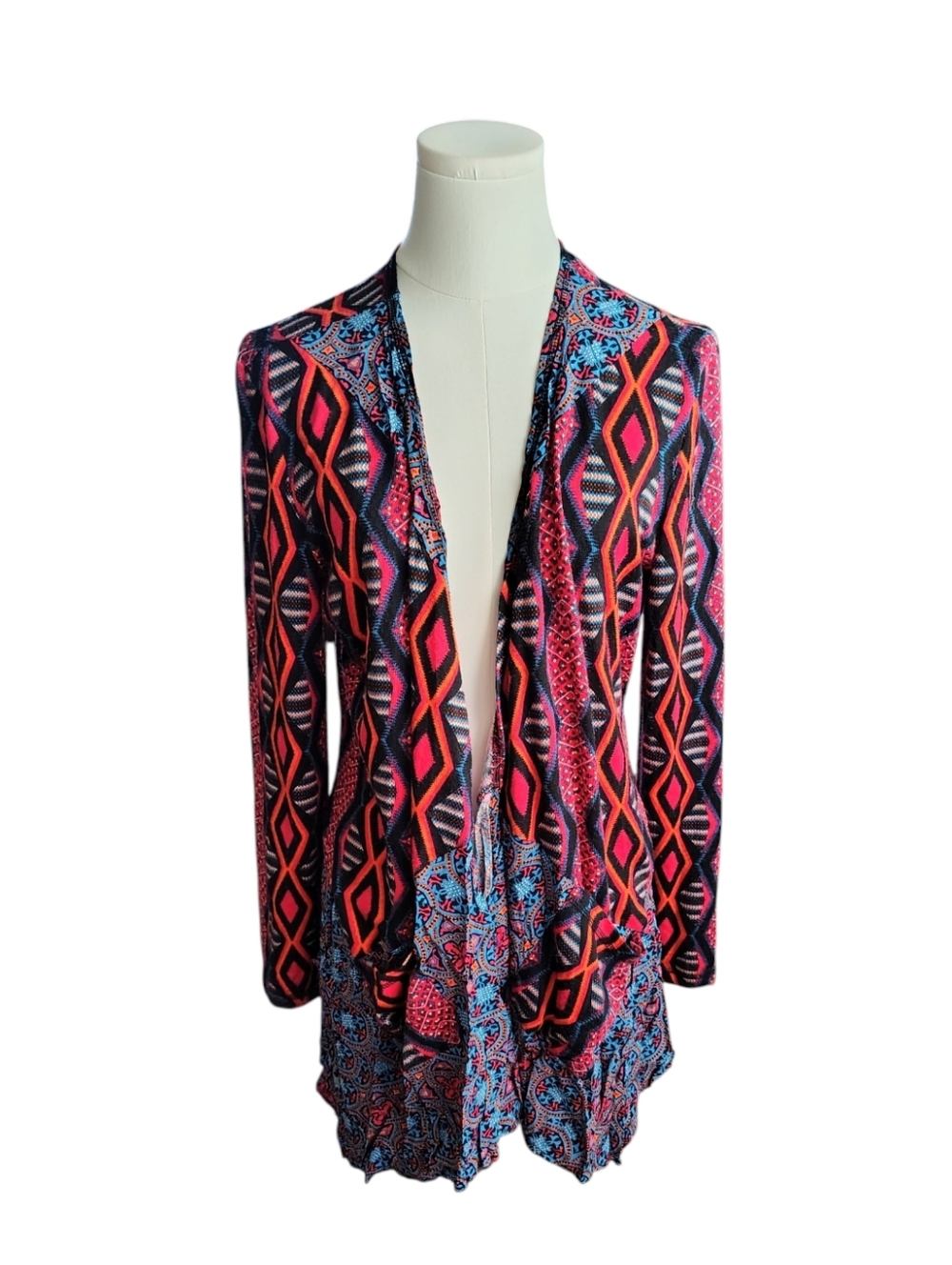 Valerie Stevens Colorful Patchwork Blue Red Diamond Sweater Wrap Size Large